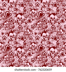 Vector illustration emo girl skull with hair. Hearts and stars. Seamless pink background. For t-shirt design or print on textile.