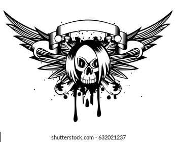 Vector illustration emo skull with crossed bones and wings on grunge background. For t-shirt design.