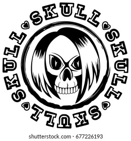 Vector illustration emo skull with hair and hearts. Inscription skull. For t-shirt design.