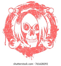 Vector illustration emo skull with hair and crossed bones on grunge background. For t-shirt design.