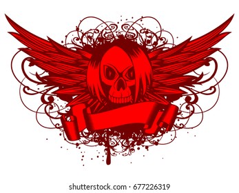 Vector illustration emo skull on grunge background with patterns and wings. Cartoon skull with hair. For t-shirt design.