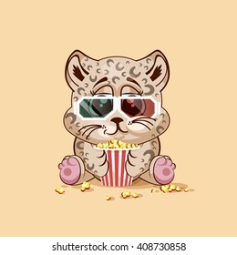 Vector Illustration Emoji character cartoon Leopard cub chewing popcorn, watching movie in 3D glasses sticker emoticon for site, info graphic, video, animation, website, mail newsletter, report, comic