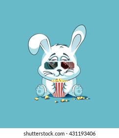 Vector Illustration Emoji character cartoon White leveret chewing popcorn, watching movie in 3D glasses sticker emoticon, site, infographic, video, animation, website, mail, newsletter, report, comic