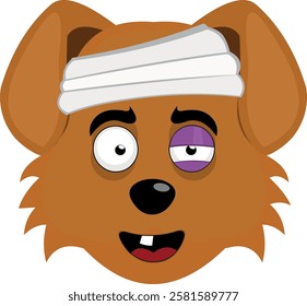 vector illustration emoji character face dog cartoon, injured with bandages on his head, a black eye, a single tooth