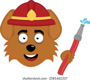 vector illustration emoji character face dog cartoon, with a fireman helmet, a hose in hand and water drop