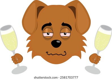 vector illustration emoji character face dog cartoon, drunk with glasses of champagne or cider in his hands