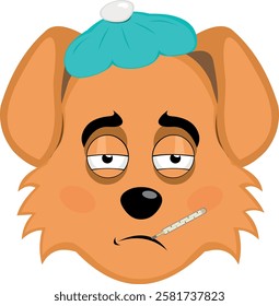 vector illustration emoji character face dog cartoon, sick with a thermometer in his mouth and a bag of water on his head