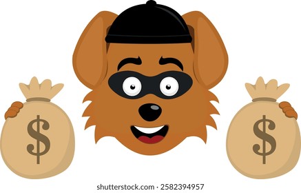 vector illustration emoji character face dog cartoon, with a thief hat and mask, holding bags of money with his hands