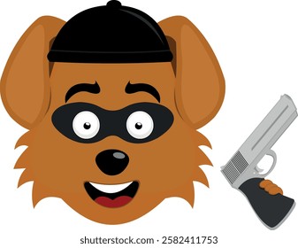 vector illustration emoji character face dog cartoon, with a hat, a thief mask and a gun in his hand