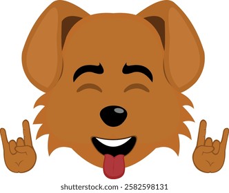 vector illustration emoji character face dog cartoon, making the classic heavy metal gesture with hands and sticking out tongue