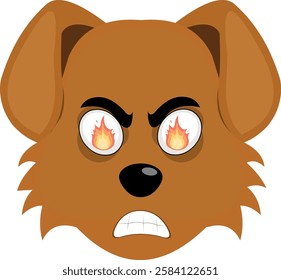 vector illustration emoji character face dog cartoon, with a furious expression and fire flame in his eyes