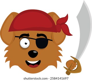 vector illustration emoji character face dog cartoon, with a headscarf, an eye patch and a pirate sword