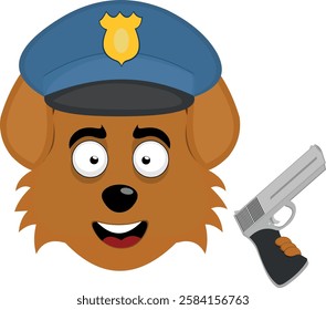 vector illustration emoji character face dog cartoon, with a police hat and gun