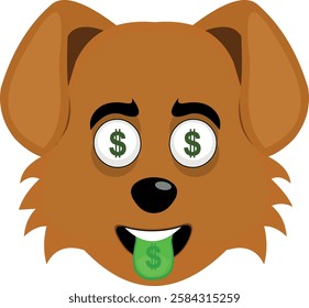 vector illustration emoji character face dog cartoon, with an ambitious expression, coins in his eyes and his tongue sticking out