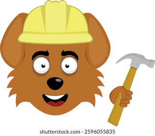 vector illustration emoji character face dog cartoon, with a builder helmet and hammer in hand