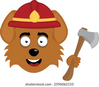 vector illustration emoji character face dog cartoon, with a fireman helmet and axe in hand