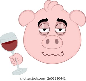 vector illustration emoji character face pig cartoon, with a drunk expression and a glass of wine in his hand