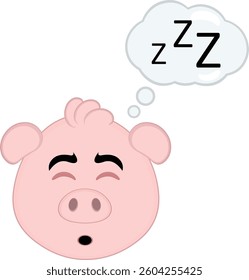 vector illustration emoji character face pig cartoon,  sleeping and a cloud thought with the text zzz