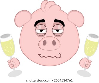 vector illustration emoji character face pig cartoon, drunk with glasses of champagne or cider in his hands
