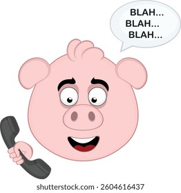 vector illustration emoji character face pig cartoon, talking on the phone and a speech bubble with the text blah