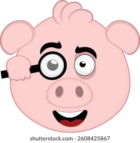 vector illustration emoji character face pig cartoon, watching with a magnifying glass