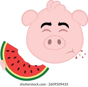 vector illustration emoji character face pig cartoon, eating watermelon fruit