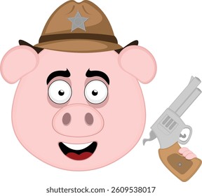 vector illustration emoji character face pig cartoon, cowboy sheriff with a gun in his hand