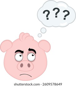 vector illustration emoji character face pig cartoon, with a doubtful or thinking expression and a thought cloud with question marks