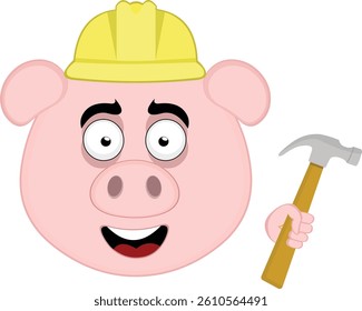 vector illustration emoji character face pig cartoon, with a builder helmet and hammer in hand