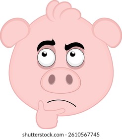 vector illustration emoji character face pig cartoon, with a thinking or doubting expression