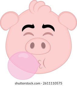 vector illustration emoji character face pig cartoon, chewing and making bubblegum balloon candy