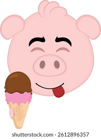 vector illustration emoji character face pig cartoon, with an ice cream  wafer cone in his hand and an yummy expression