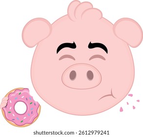 vector illustration emoji character face pig cartoon, eating raspberry snack donut