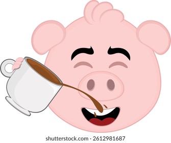 vector illustration emoji character face pig cartoon, drinking a cup of coffee