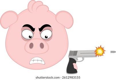 vector illustration emoji character face pig cartoon, shooting a weapon firearm gun
