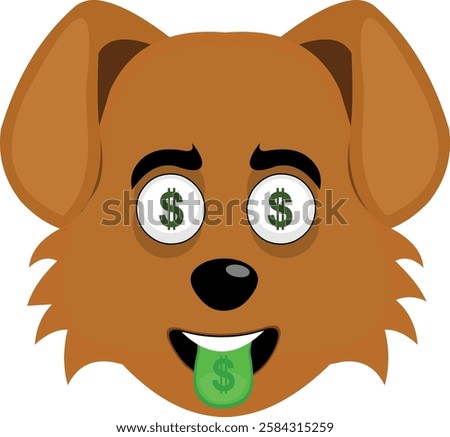 vector illustration emoji character face dog cartoon, with an ambitious expression, coins in his eyes and his tongue sticking out