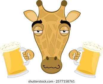 vector illustration emoji face giraffe character cartoon, drunk with beers glasses in his hands