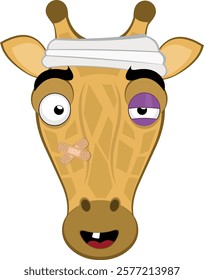 vector illustration emoji face giraffe character cartoon, injured with bandages on his head, a black eye, a single tooth