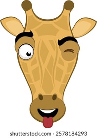 vector illustration emoji face giraffe character cartoon, with a cheerful expression, winking eye and sticking out tongue