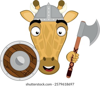 vector illustration emoji face giraffe animal character cartoon, with a helmet with horns, a shield and a viking axe