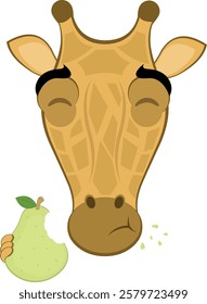vector illustration emoji face giraffe character cartoon, eating pear fruit