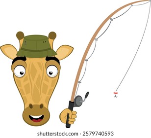 vector illustration emoji face giraffe character cartoon, with a fisher hat and a fishing rod