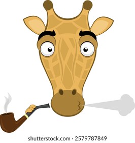 vector illustration emoji face giraffe character cartoon, smoking and exhaling pipe tobacco smoke