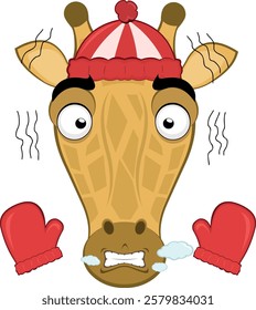 vector illustration emoji face giraffe character cartoon, shivering cold, wearing gloves and a winter hat, with breath vapor in his mouth