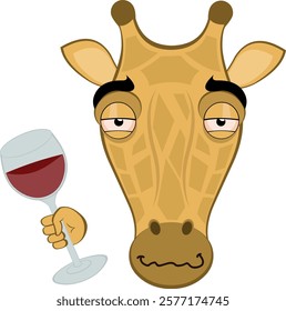 vector illustration emoji head character giraffe cartoon, with a drunk expression and a glass of wine in his hand