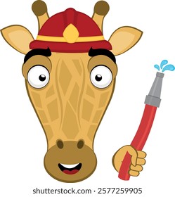 vector illustration emoji head character giraffe cartoon, with a fireman helmet, a hose in hand and water drop