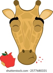 vector illustration emoji head character giraffe cartoon, eating red apple fruit