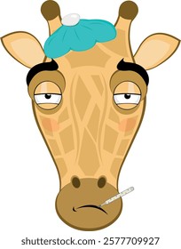 vector illustration emoji head character giraffe cartoon, sick with a thermometer in his mouth and a bag of water on his head