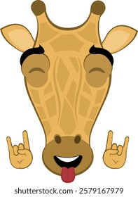 vector illustration emoji head character giraffe cartoon, making the classic heavy metal gesture with hands and sticking out tongue