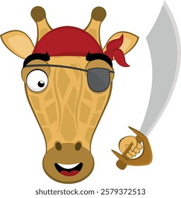 vector illustration emoji head character giraffe cartoon, with a headscarf, an eye patch and a pirate sword